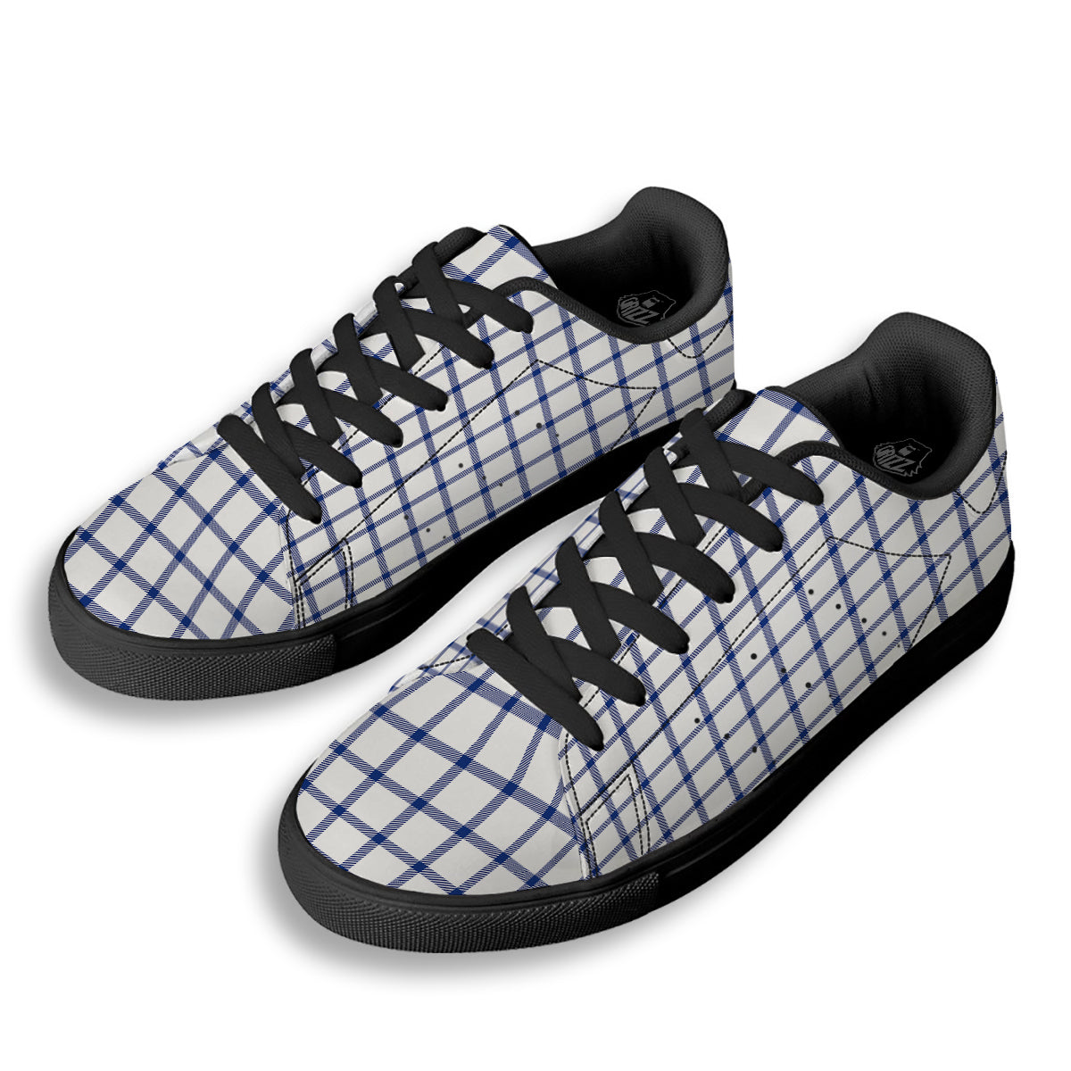 Tattersall Blue And White Print Pattern Black Low Top Sneakers-grizzshop