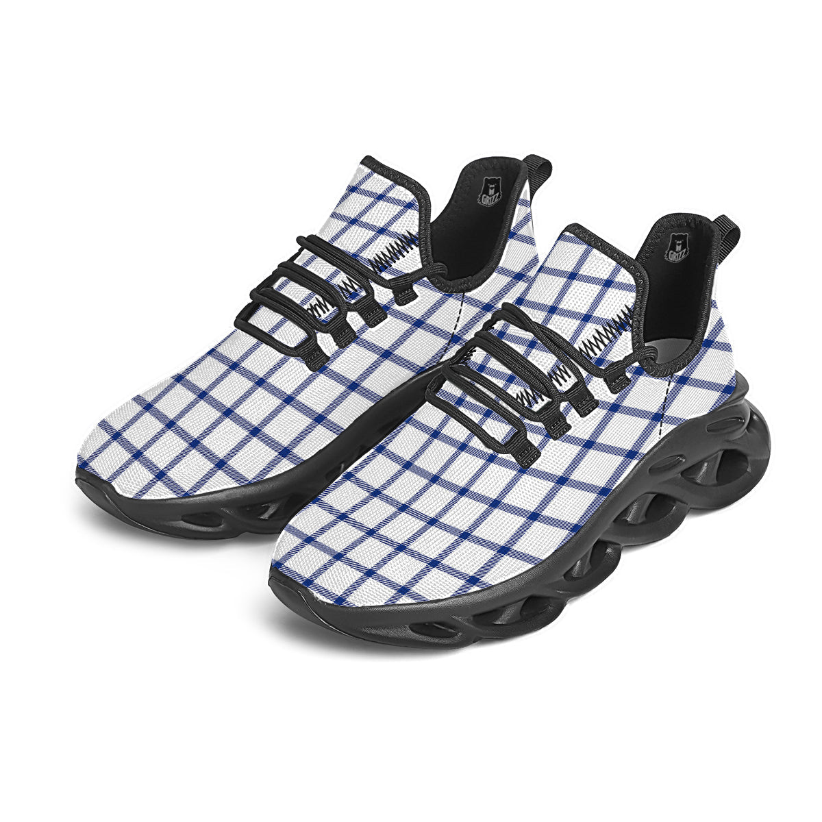 Tattersall Blue And White Print Pattern Black Running Shoes-grizzshop