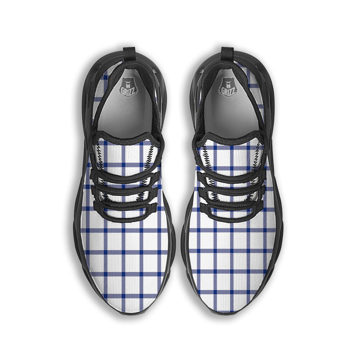 Tattersall Blue And White Print Pattern Black Running Shoes-grizzshop