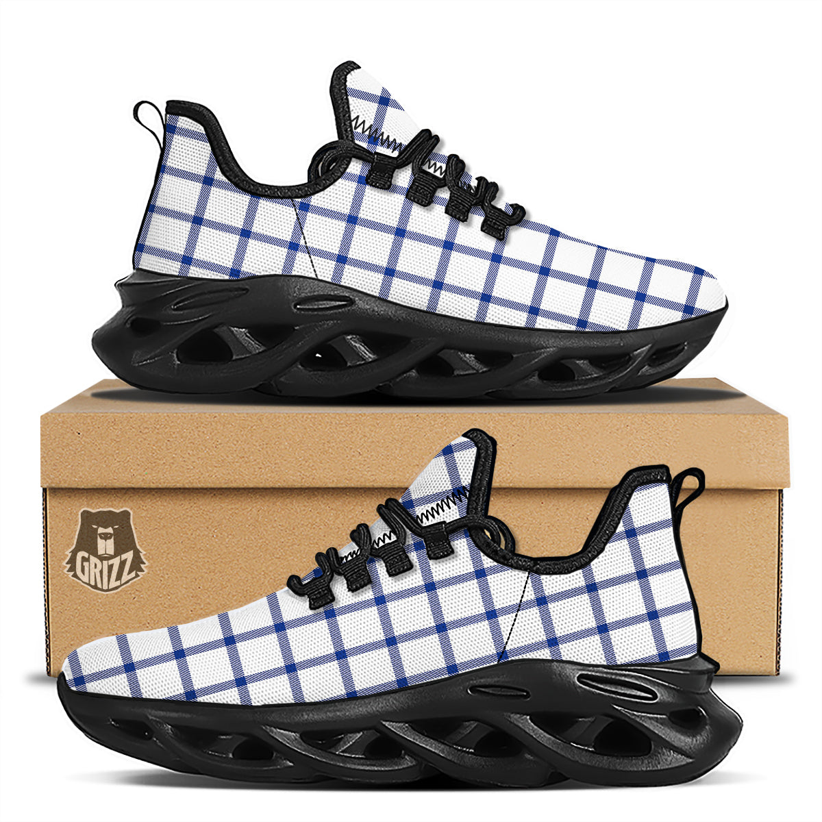 Tattersall Blue And White Print Pattern Black Running Shoes-grizzshop