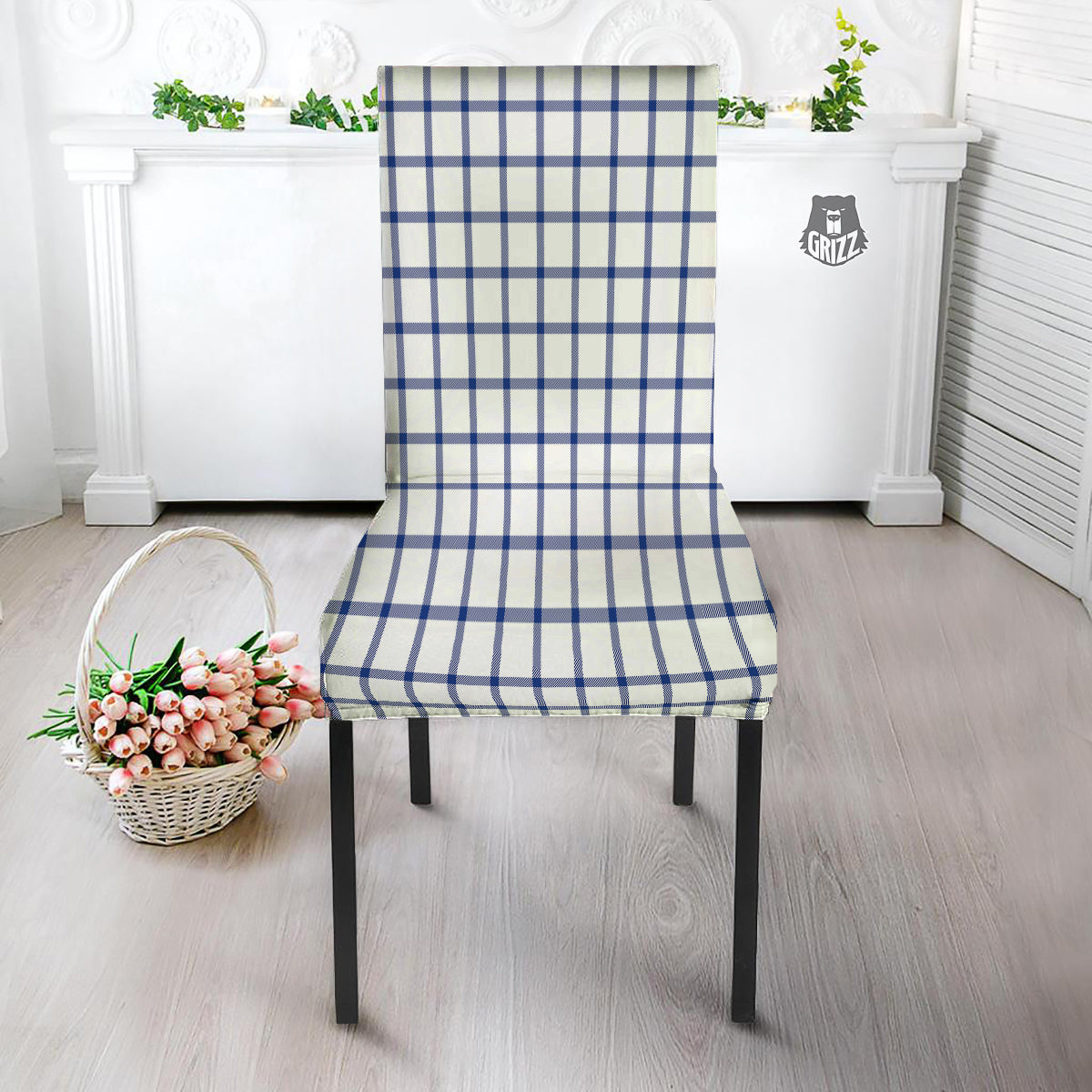 Tattersall Blue And White Print Pattern Dining Chair Slipcover-grizzshop