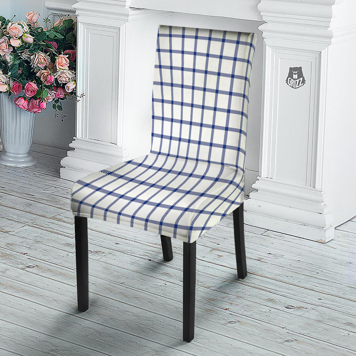 Tattersall Blue And White Print Pattern Dining Chair Slipcover-grizzshop