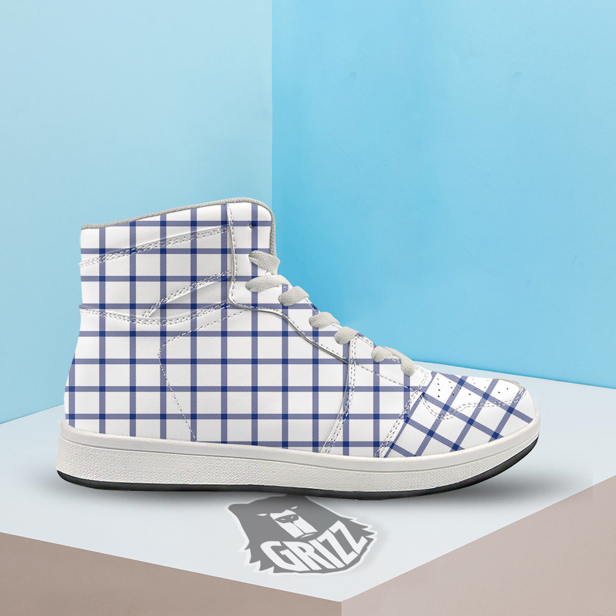 Tattersall Blue And White Print Pattern High Top Sneakers-grizzshop