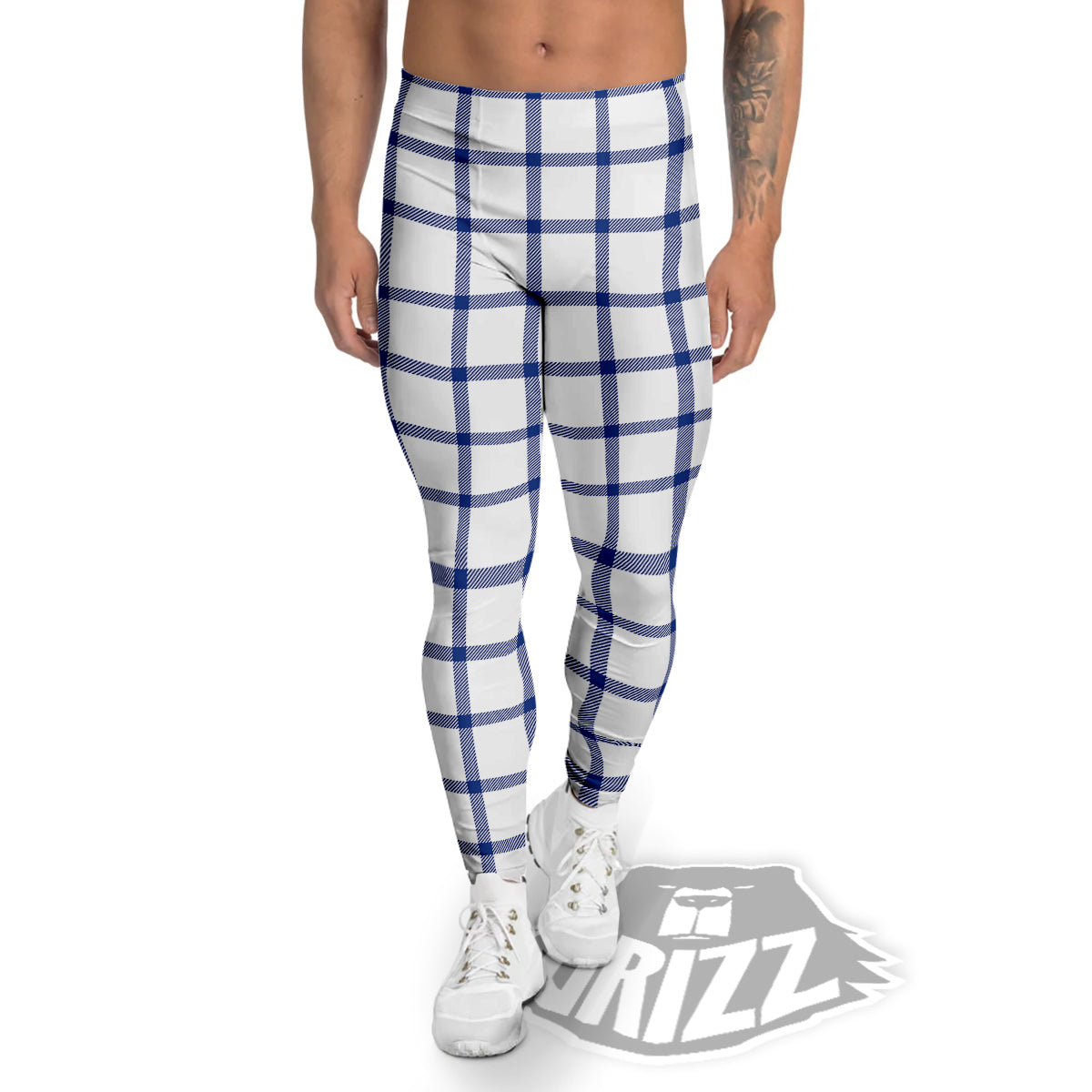 Tattersall Blue And White Print Pattern Men's Leggings-grizzshop