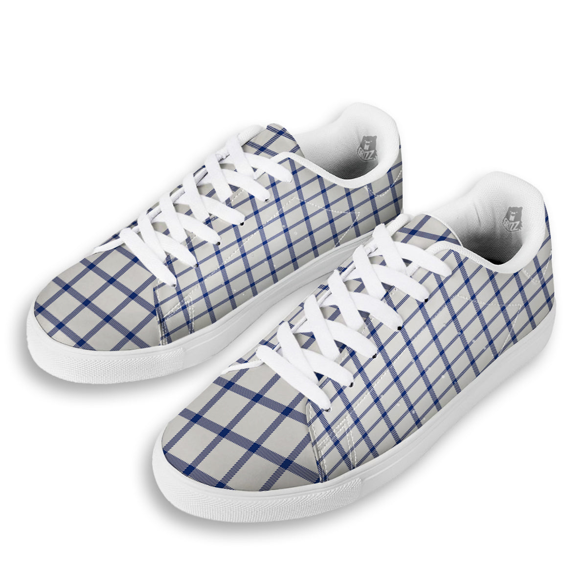 Tattersall Blue And White Print Pattern White Low Top Sneakers-grizzshop
