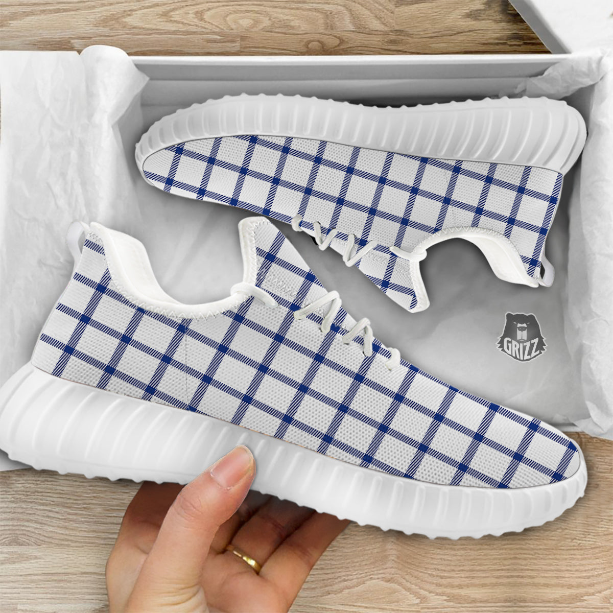 Tattersall Blue And White Print Pattern White Walking Shoes-grizzshop