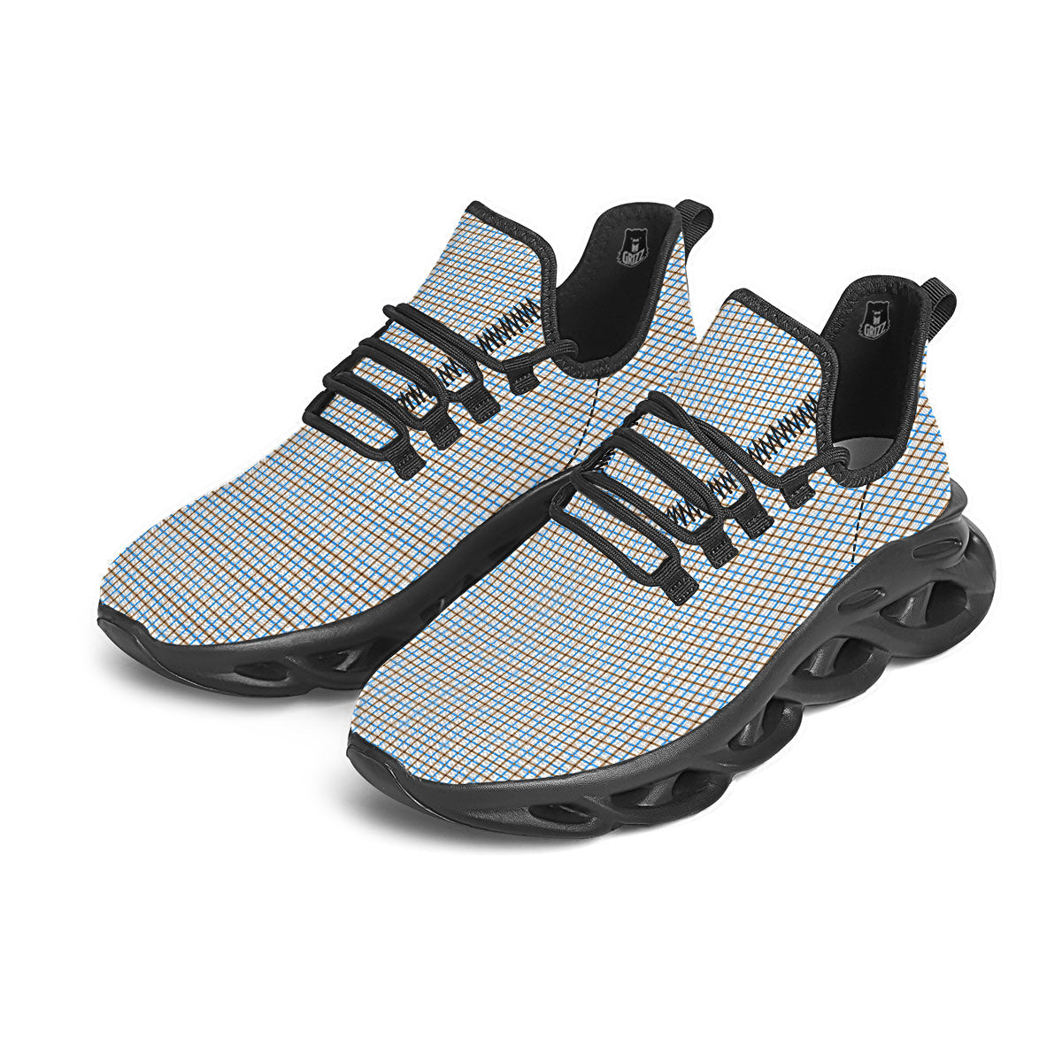 Tattersall Brown And Blue Print Pattern Black Running Shoes-grizzshop
