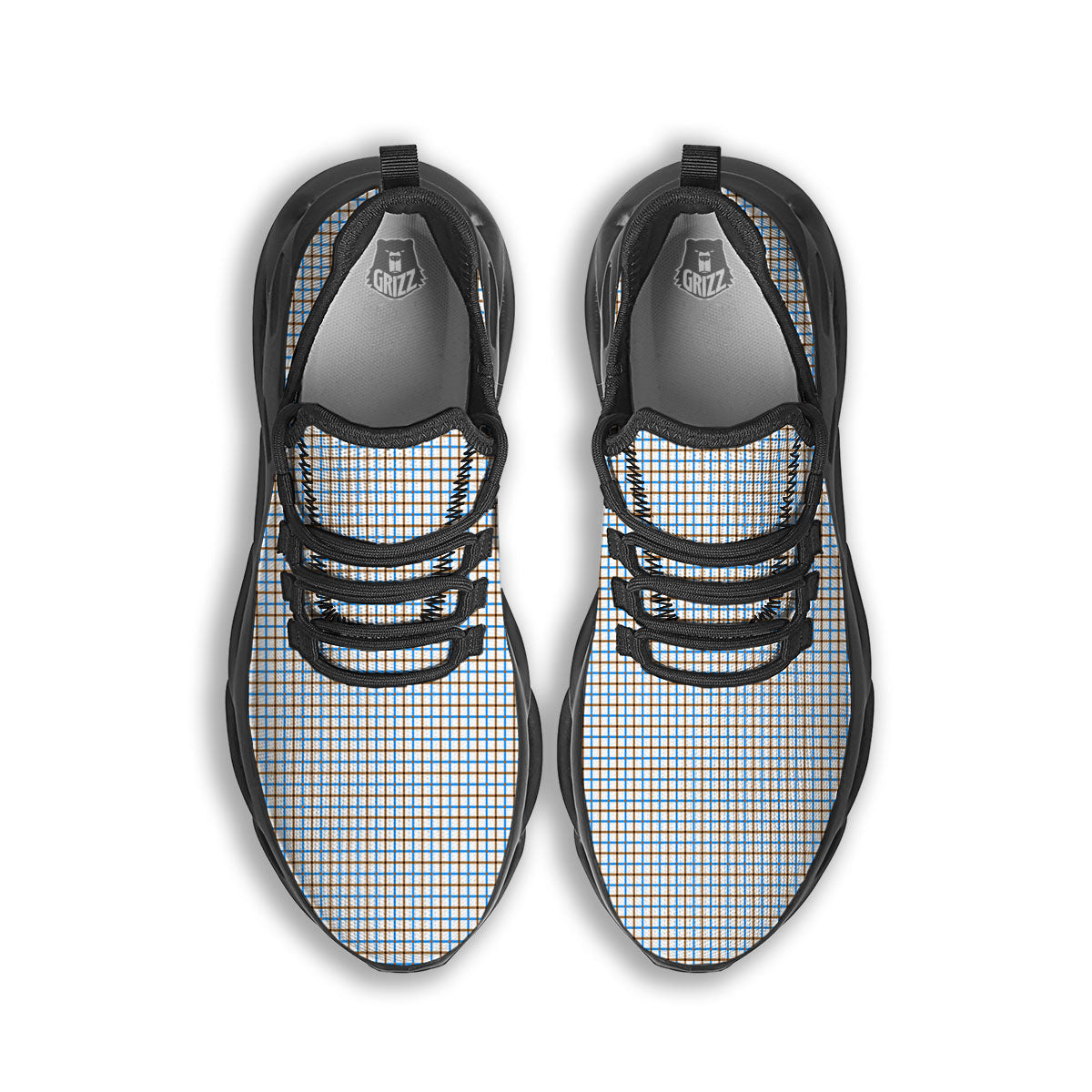 Tattersall Brown And Blue Print Pattern Black Running Shoes-grizzshop