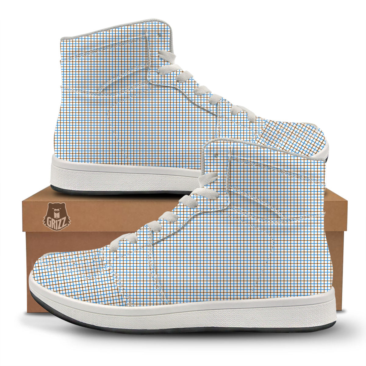 Tattersall Brown And Blue Print Pattern High Top Sneakers-grizzshop