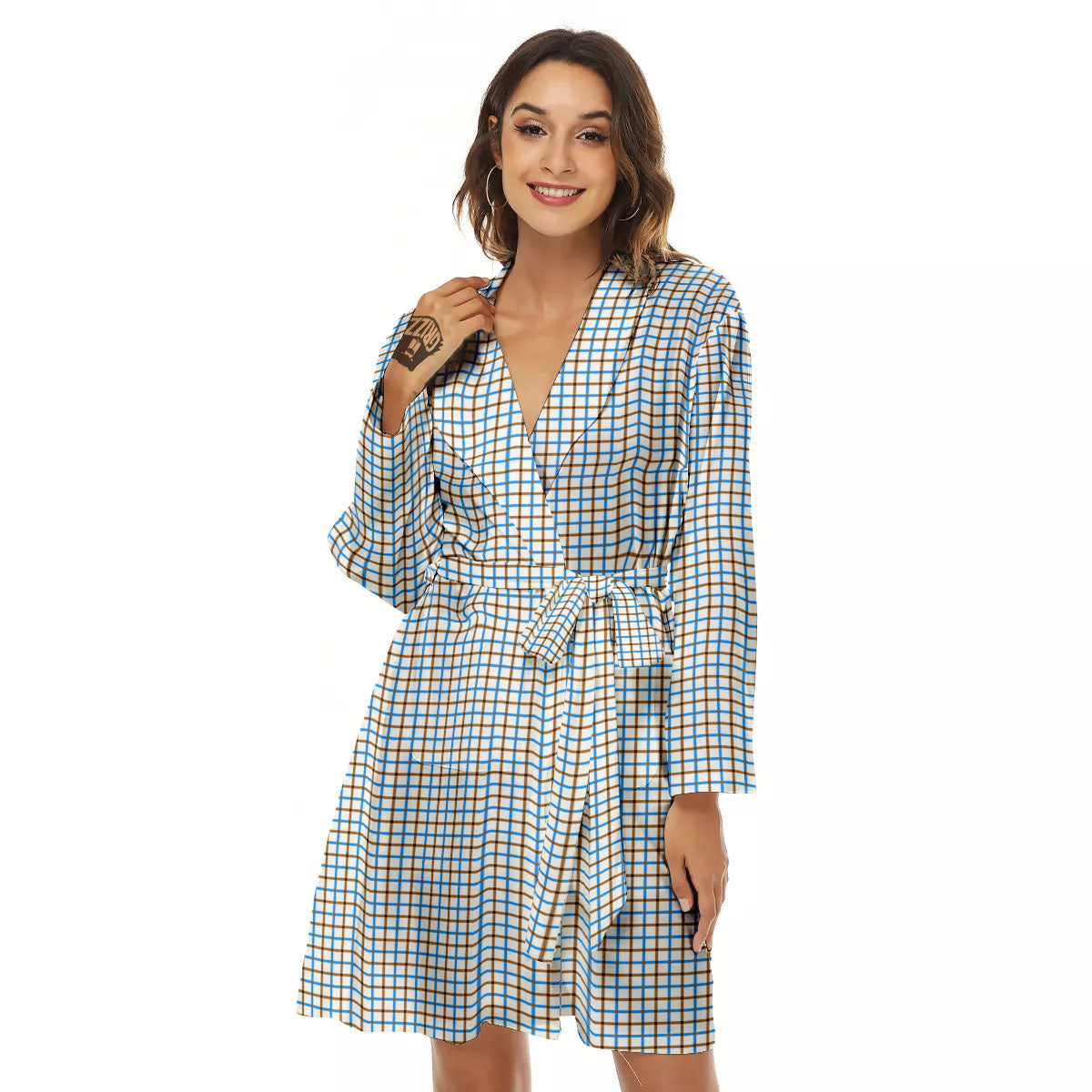 Tattersall Brown And Blue Print Pattern Women's Robe-grizzshop