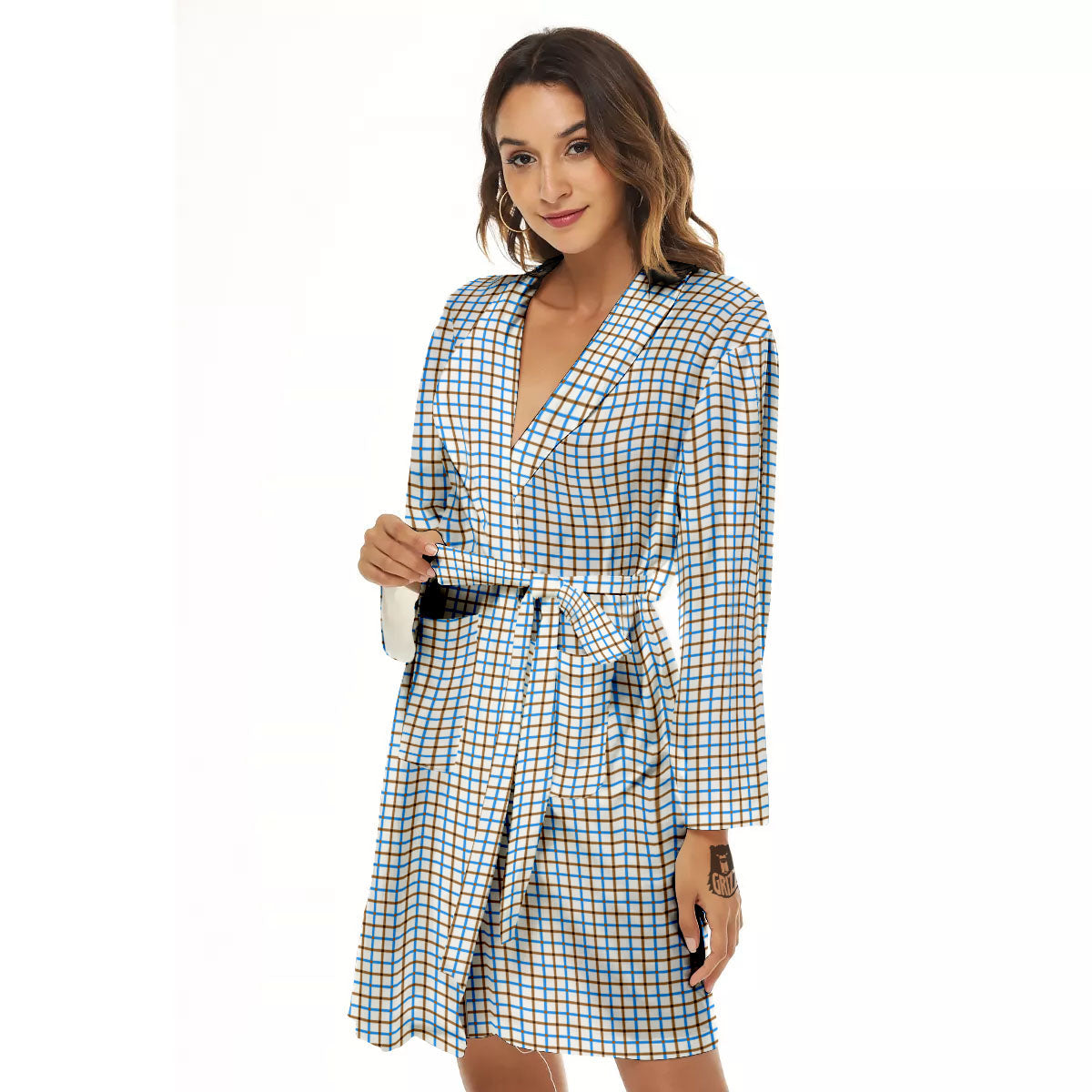 Tattersall Brown And Blue Print Pattern Women's Robe-grizzshop