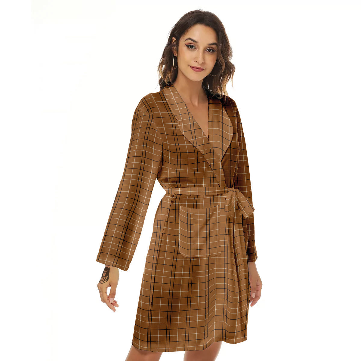 Tattersall Brown Print Pattern Women's Robe-grizzshop