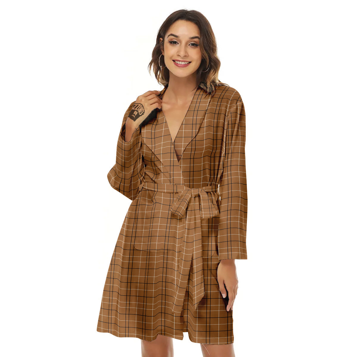 Tattersall Brown Print Pattern Women's Robe-grizzshop