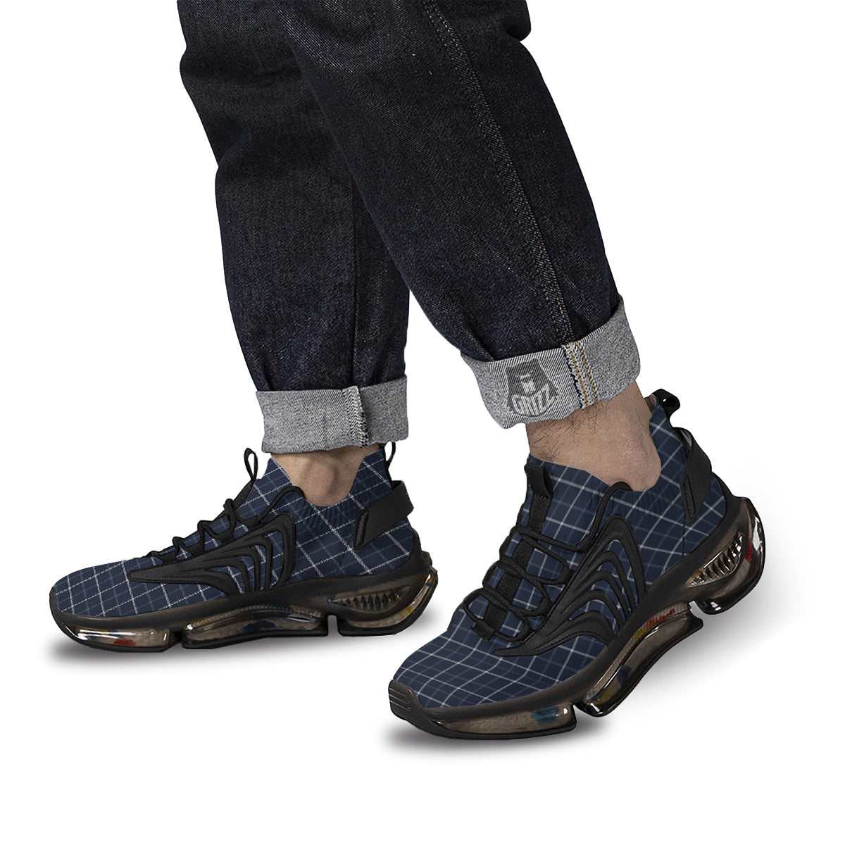 Tattersall Dark Blue Print Pattern Black Gym Shoes-grizzshop