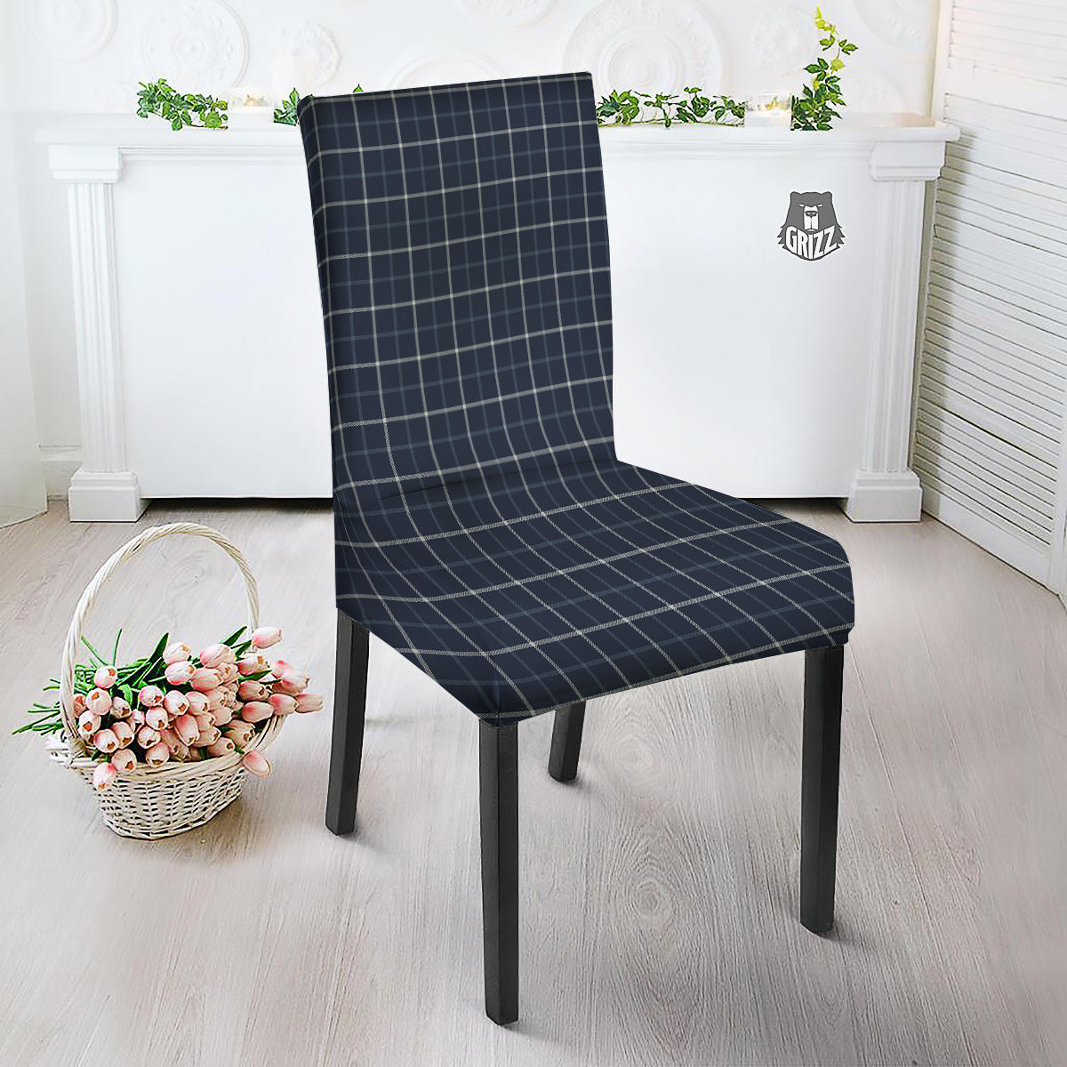 Tattersall Dark Blue Print Pattern Dining Chair Slipcover-grizzshop