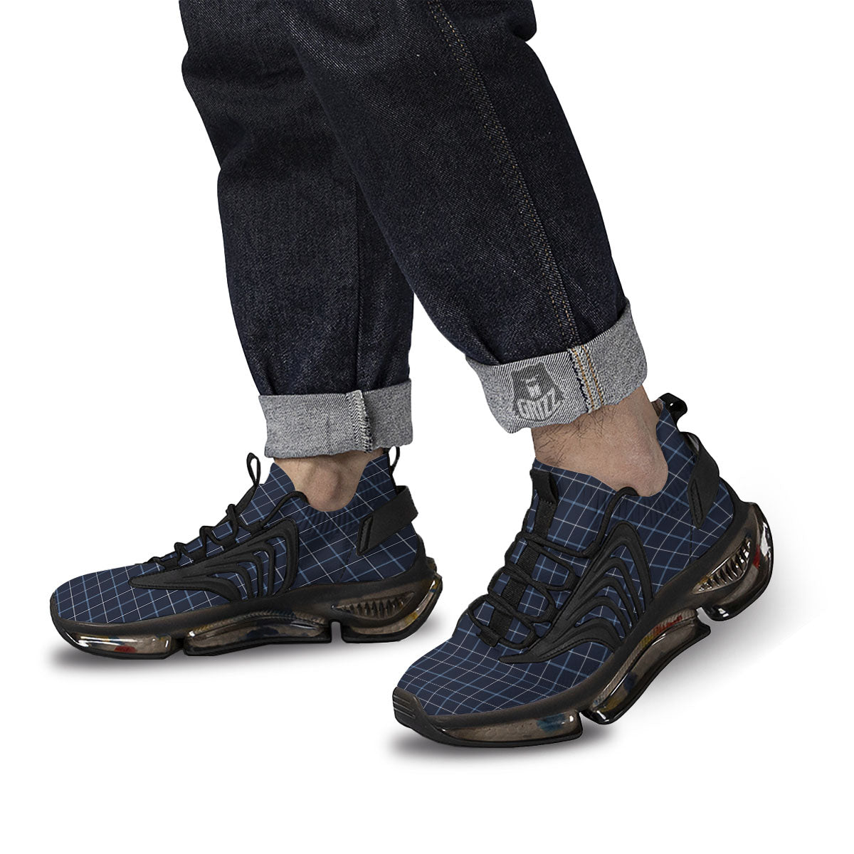 Tattersall Deep Blue Print Pattern Black Gym Shoes-grizzshop