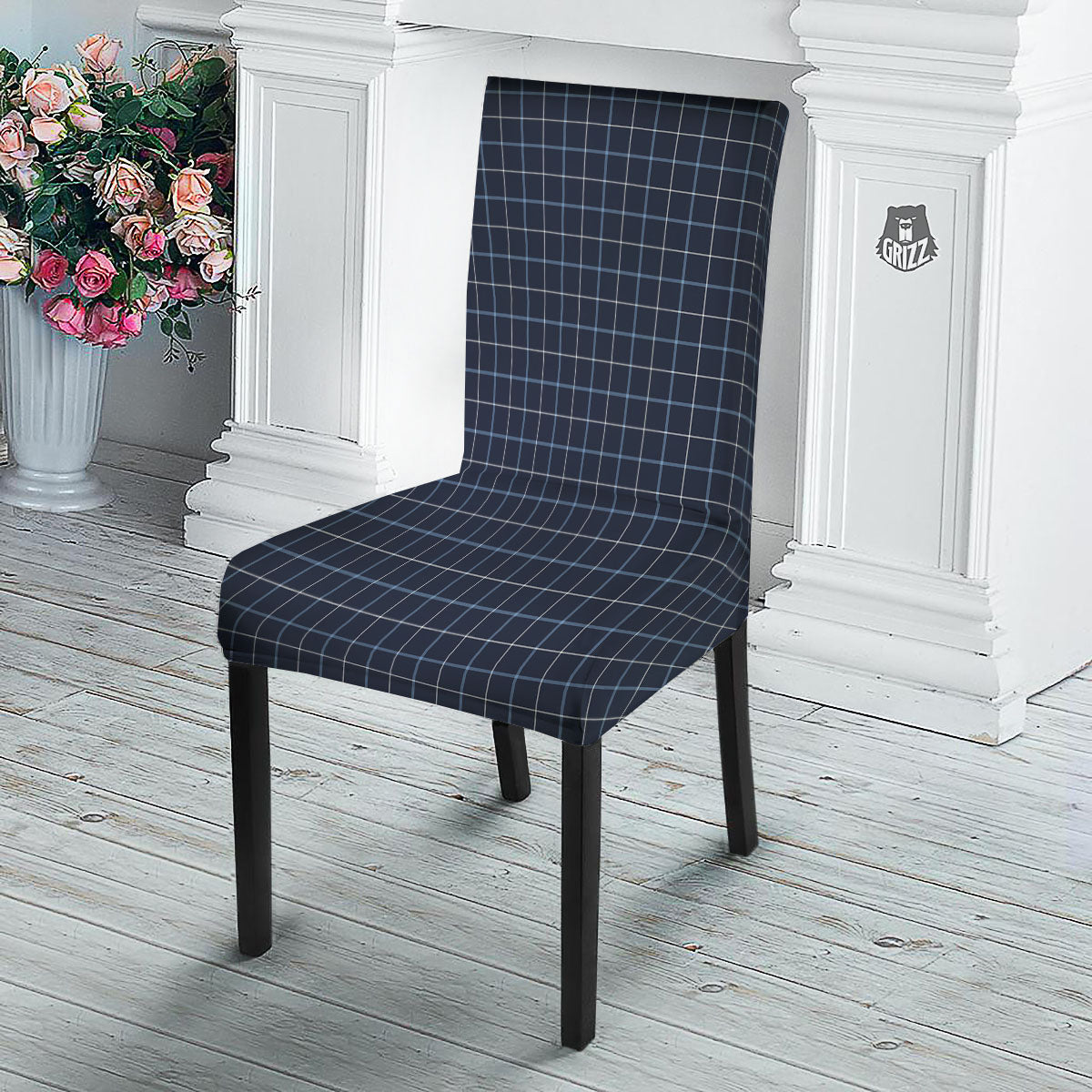 Tattersall Deep Blue Print Pattern Dining Chair Slipcover-grizzshop