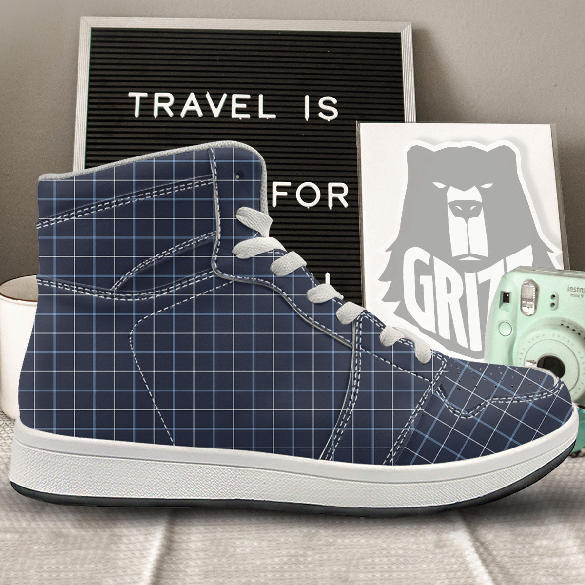 Tattersall Deep Blue Print Pattern High Top Sneakers-grizzshop