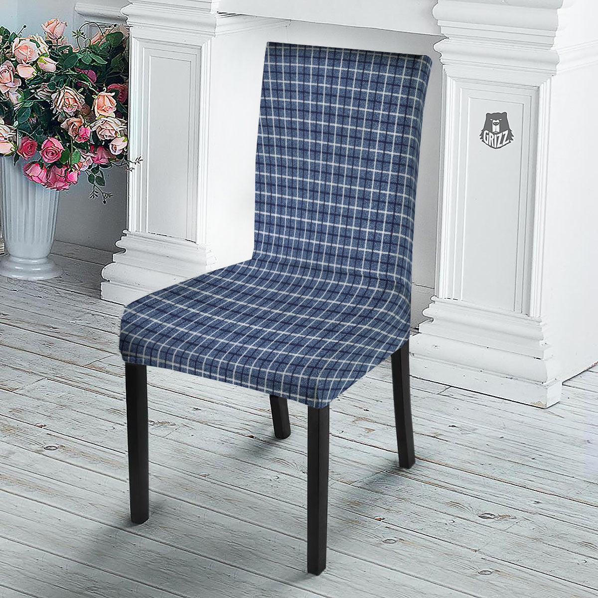 Tattersall Denim Print Pattern Dining Chair Slipcover-grizzshop