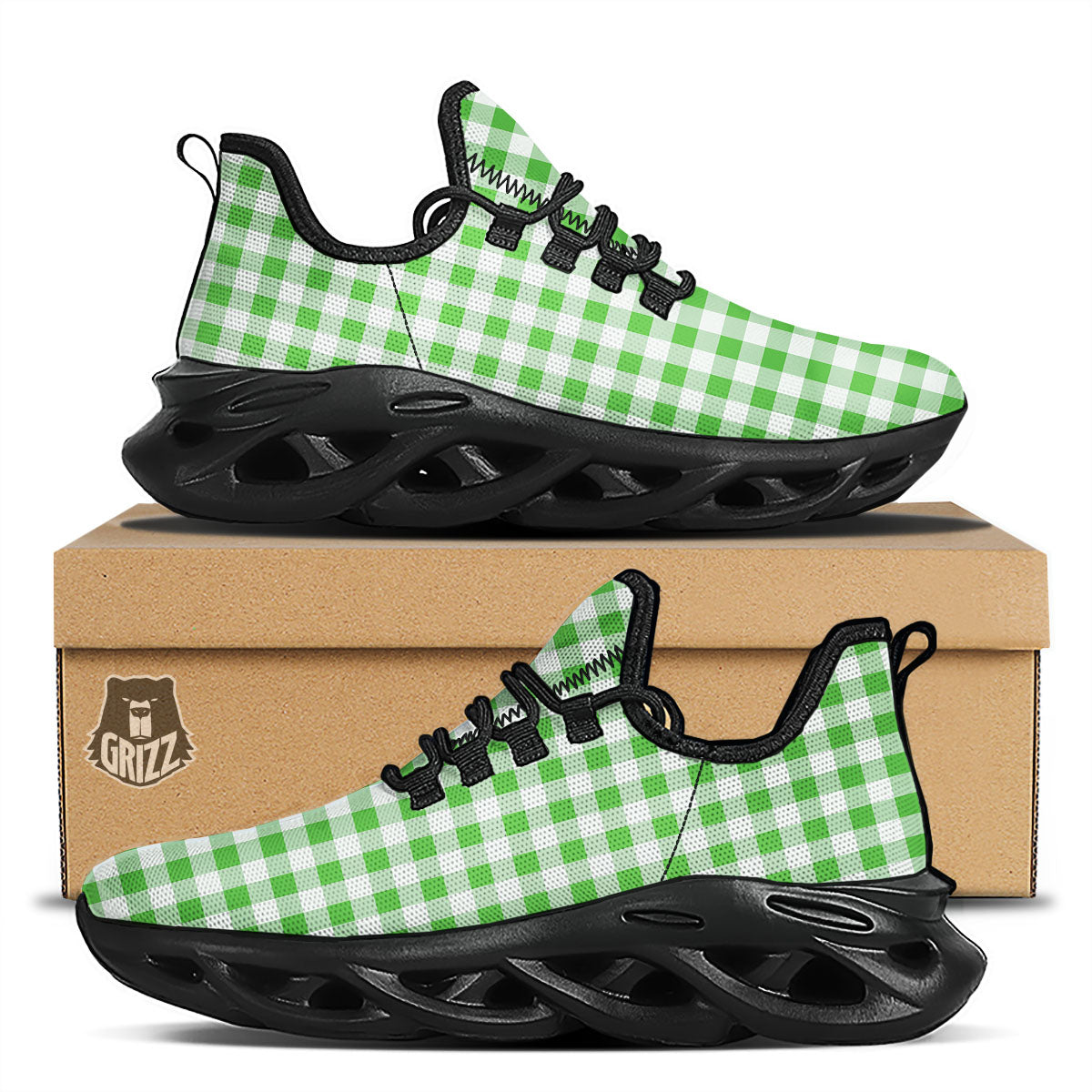 Tattersall Green Print Pattern Black Running Shoes-grizzshop