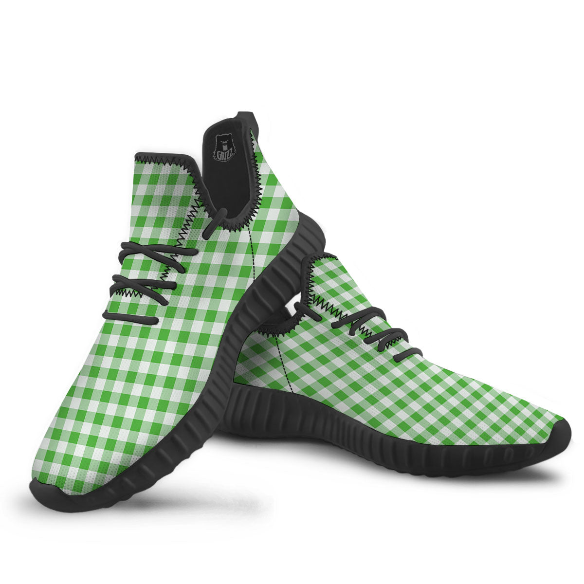 Tattersall Green Print Pattern Black Walking Shoes-grizzshop