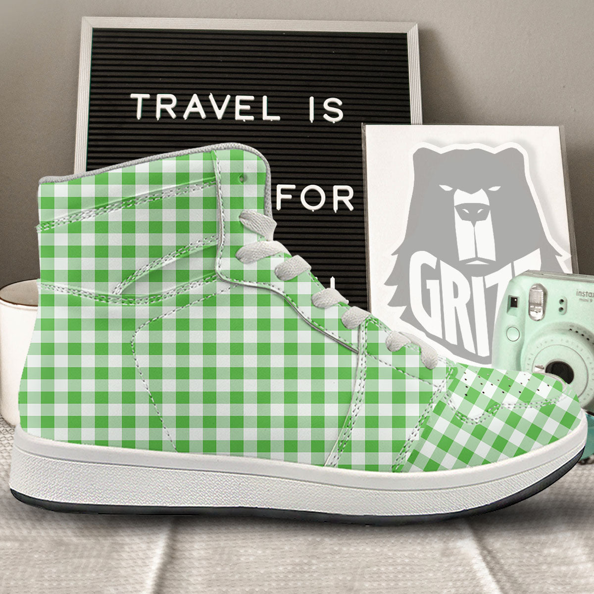 Tattersall Green Print Pattern High Top Sneakers-grizzshop
