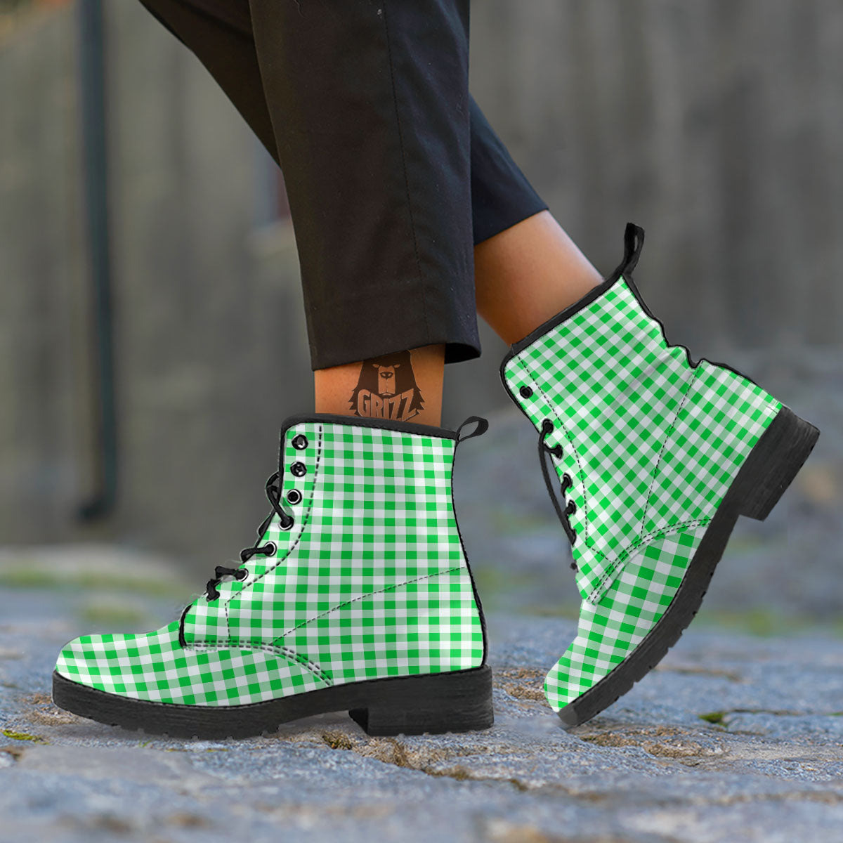 Tattersall Green Print Pattern Leather Boots-grizzshop