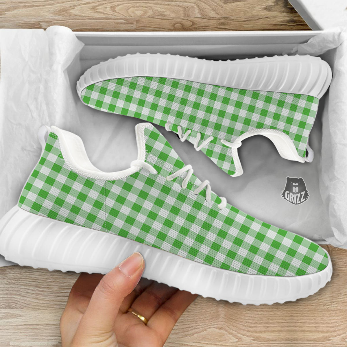 Tattersall Green Print Pattern White Walking Shoes-grizzshop