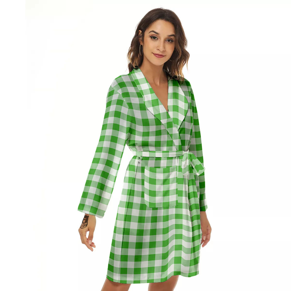 Tattersall Green Print Pattern Women's Robe-grizzshop