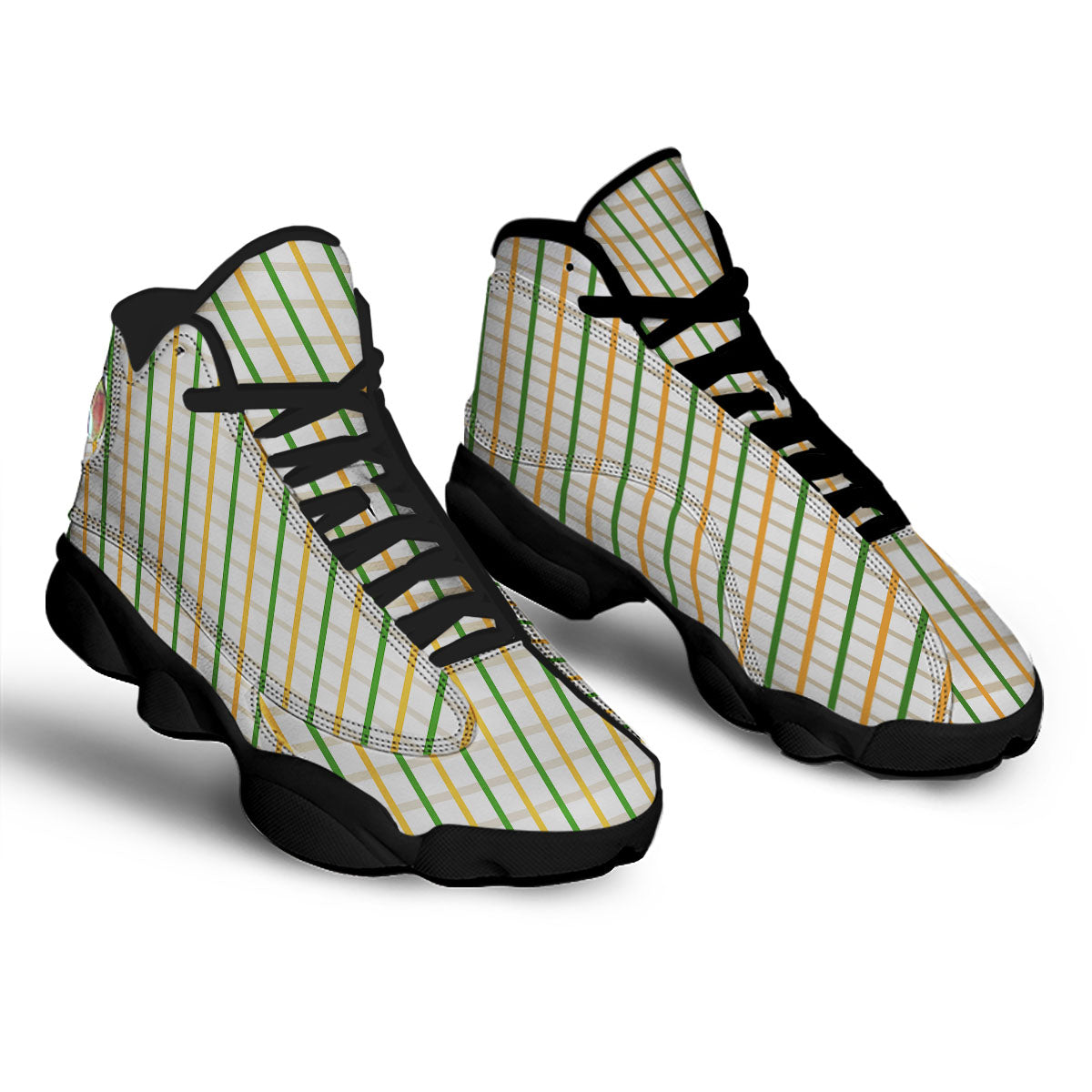 Tattersall Orange And Green Line Print Black Basketball Shoes-grizzshop