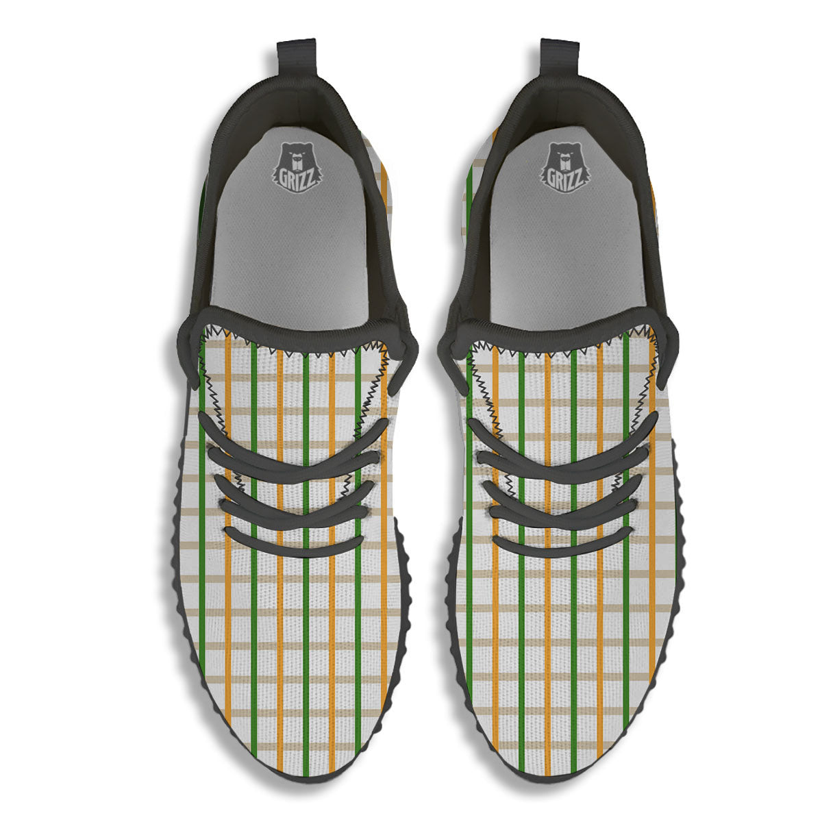 Tattersall Orange And Green Line Print Black Walking Shoes-grizzshop