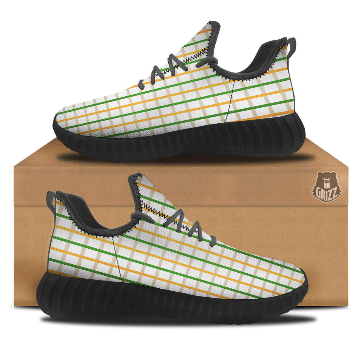 Tattersall Orange And Green Line Print Black Walking Shoes-grizzshop