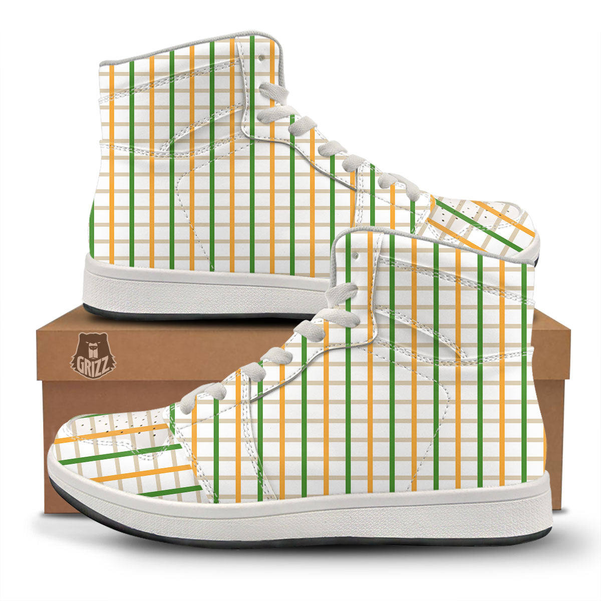 Tattersall Orange And Green Line Print High Top Sneakers-grizzshop