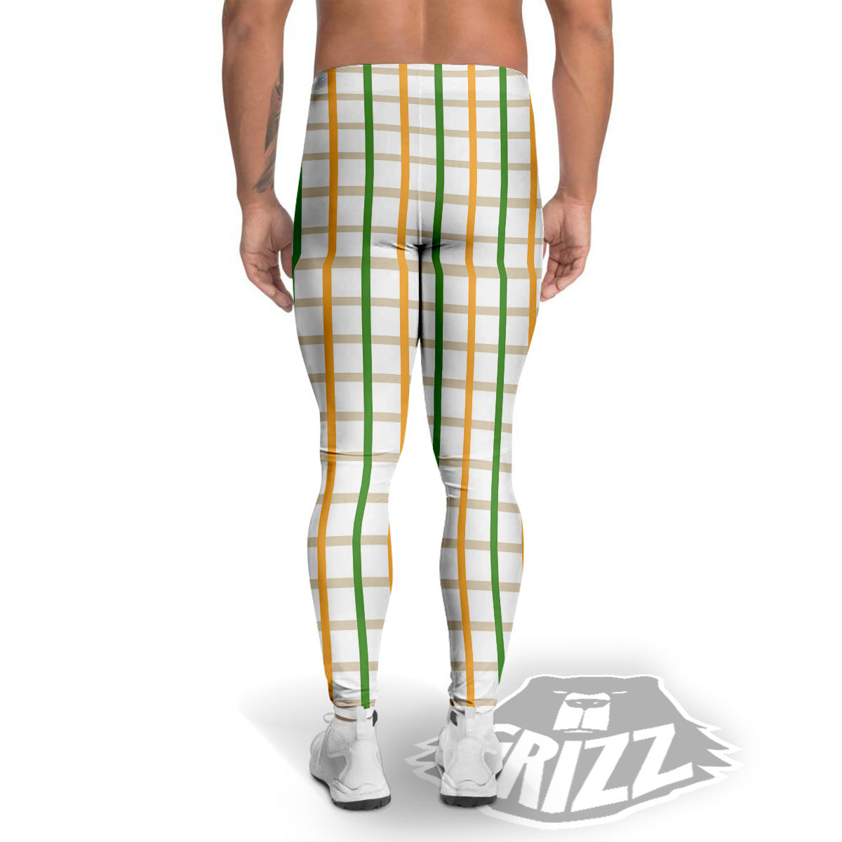 Tattersall Orange And Green Line Print Men's Leggings-grizzshop