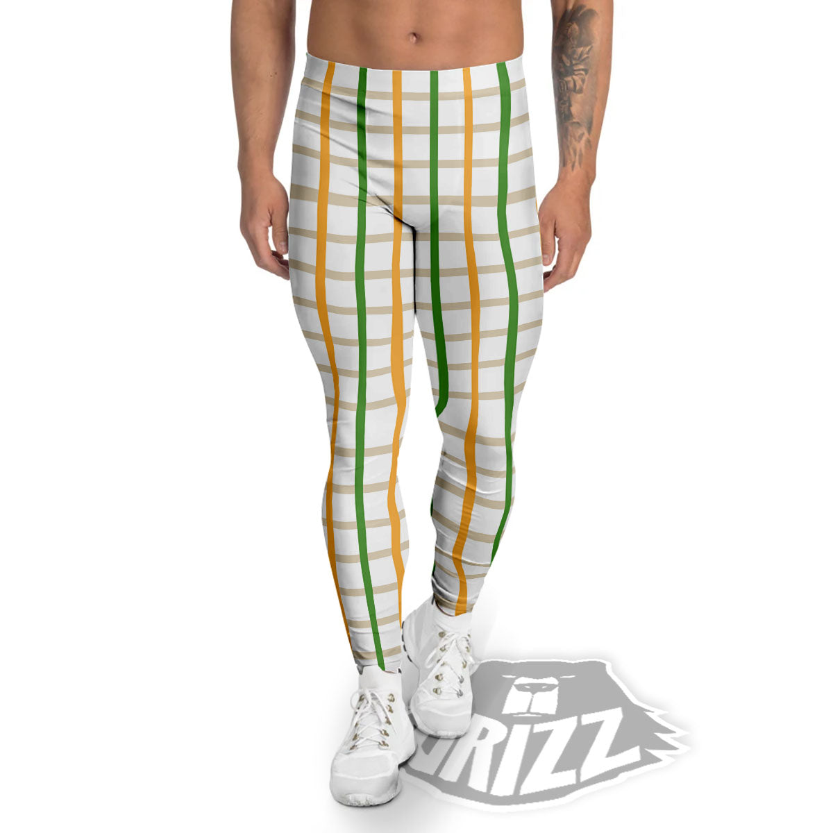 Tattersall Orange And Green Line Print Men's Leggings-grizzshop