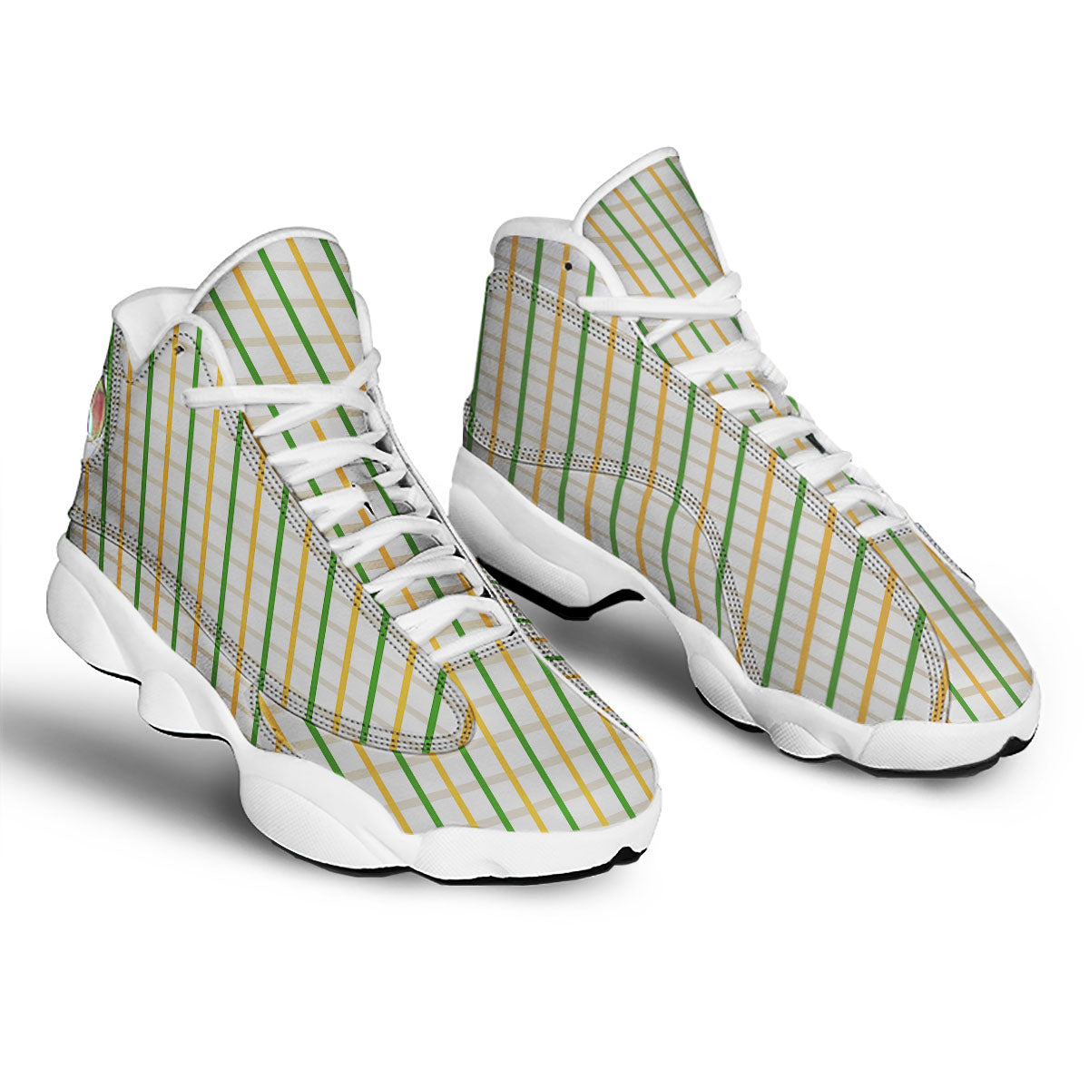 Tattersall Orange And Green Line Print White Basketball Shoes-grizzshop