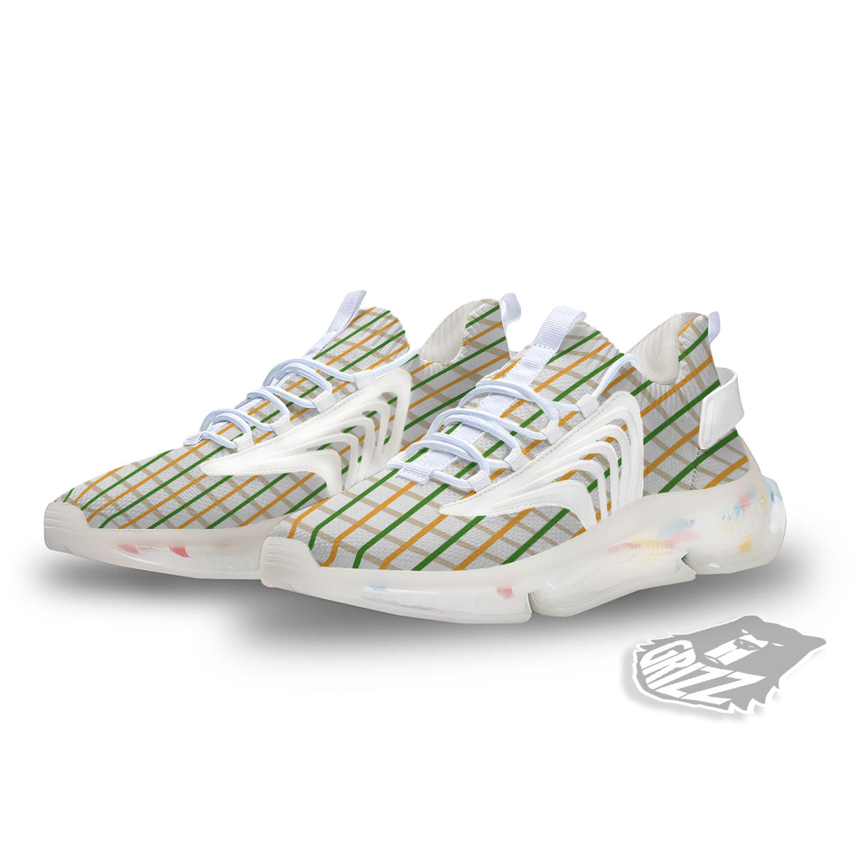 Tattersall Orange And Green Line Print White Gym Shoes-grizzshop