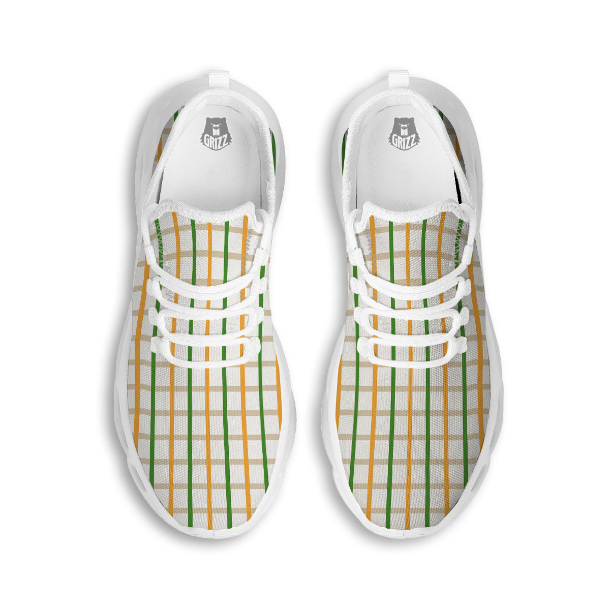 Tattersall Orange And Green Line Print White Running Shoes-grizzshop