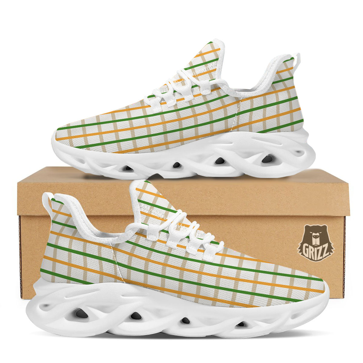 Tattersall Orange And Green Line Print White Running Shoes-grizzshop