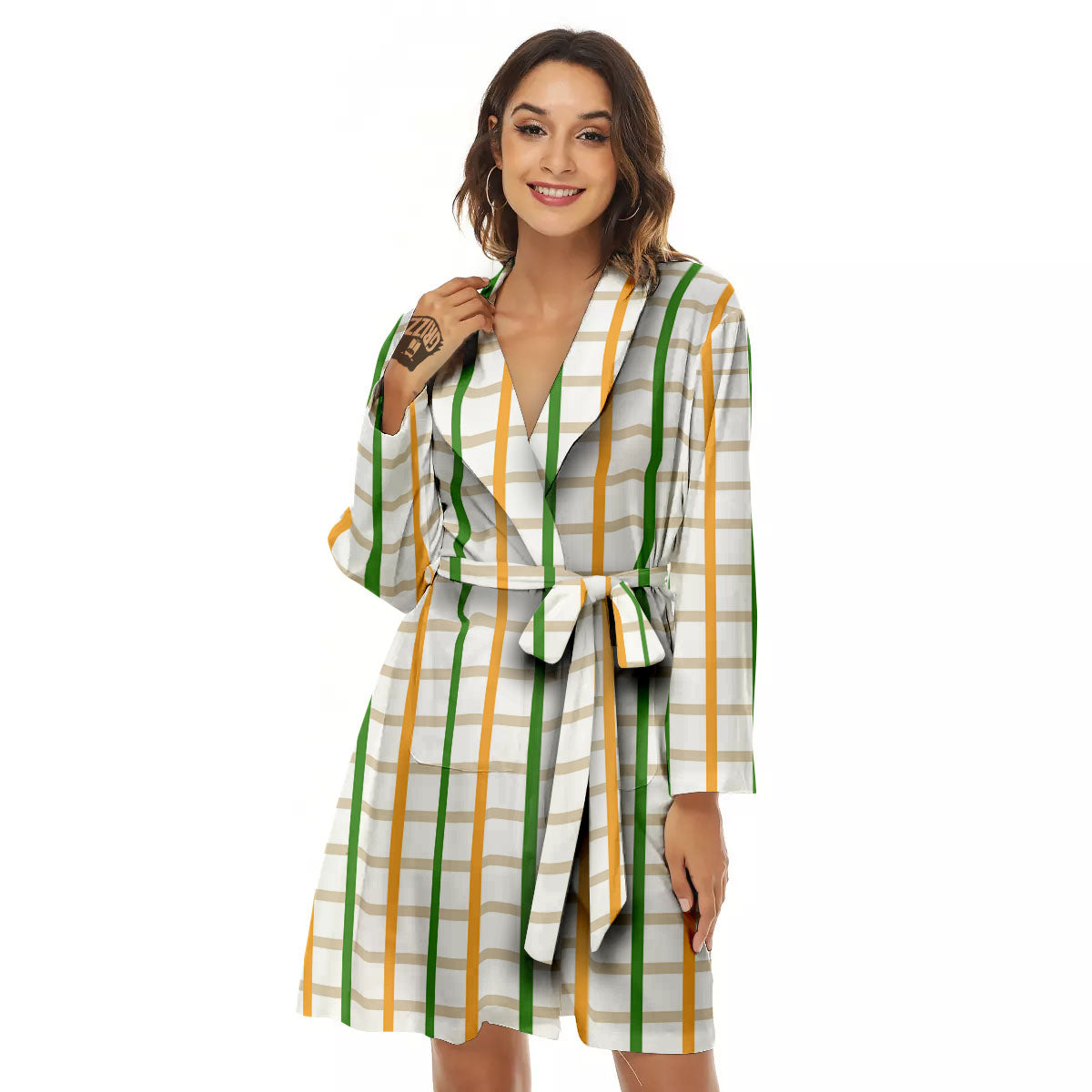 Tattersall Orange And Green Line Print Women's Robe-grizzshop