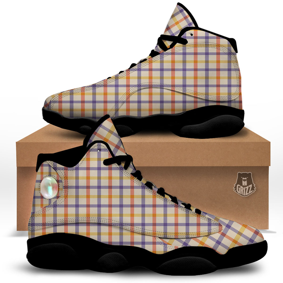 Tattersall Orange And Purple Print Pattern Black Basketball Shoes-grizzshop