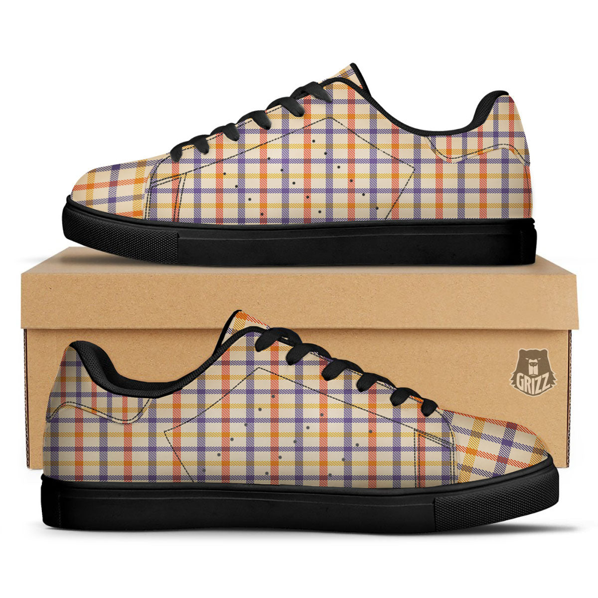 Tattersall Orange And Purple Print Pattern Black Low Top Sneakers-grizzshop