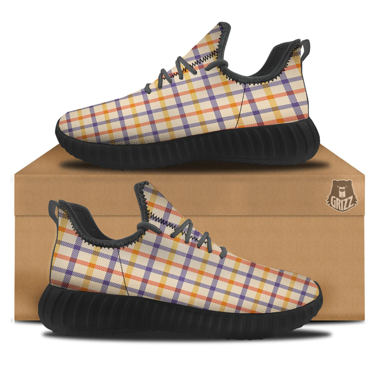 Tattersall Orange And Purple Print Pattern Black Walking Shoes-grizzshop