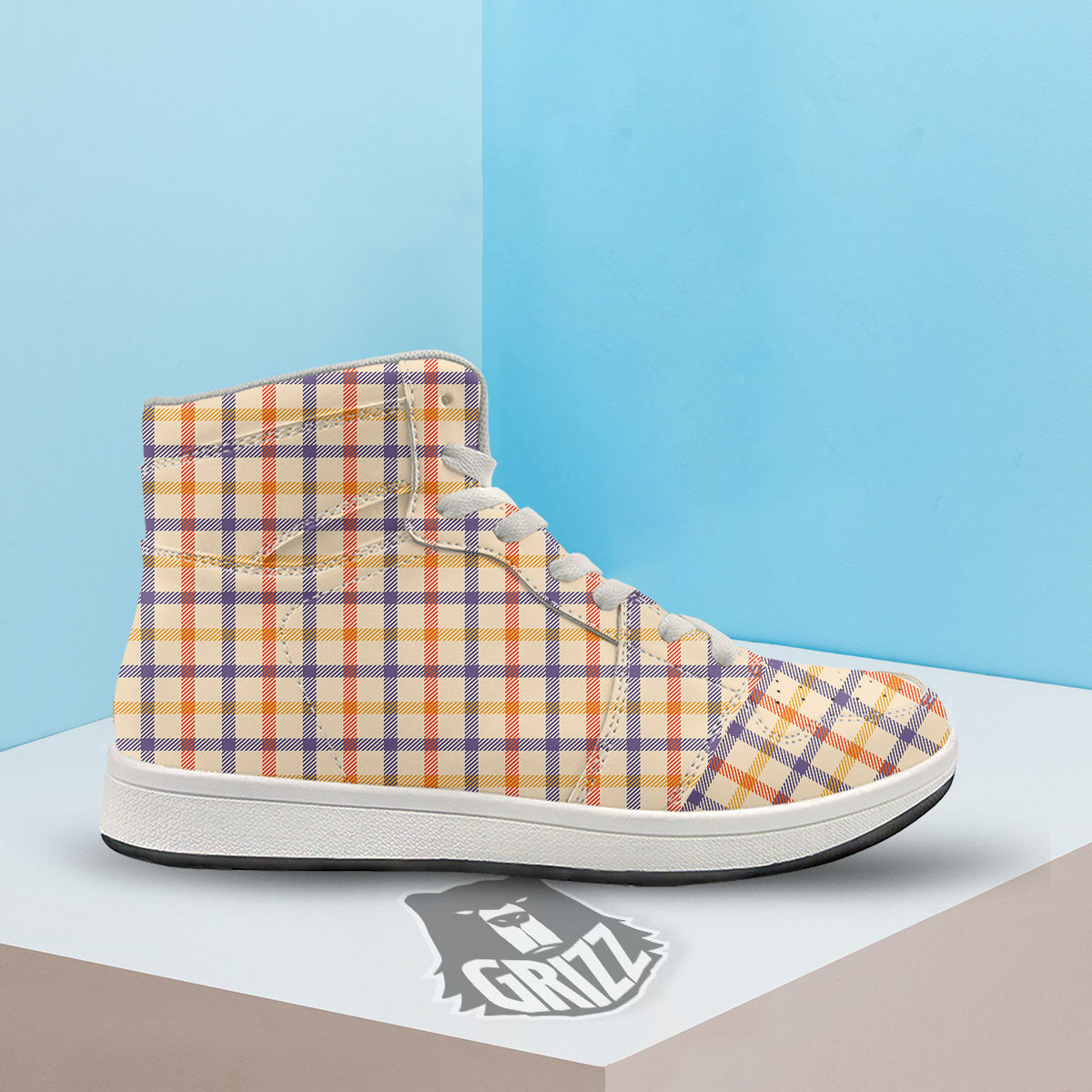 Tattersall Orange And Purple Print Pattern High Top Sneakers-grizzshop