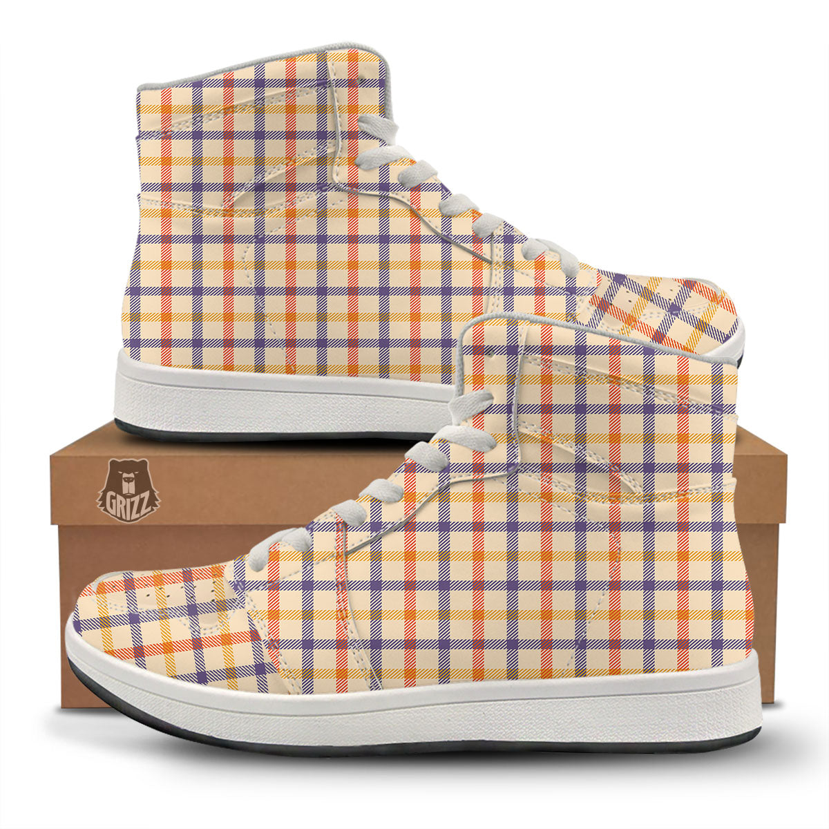 Tattersall Orange And Purple Print Pattern High Top Sneakers-grizzshop