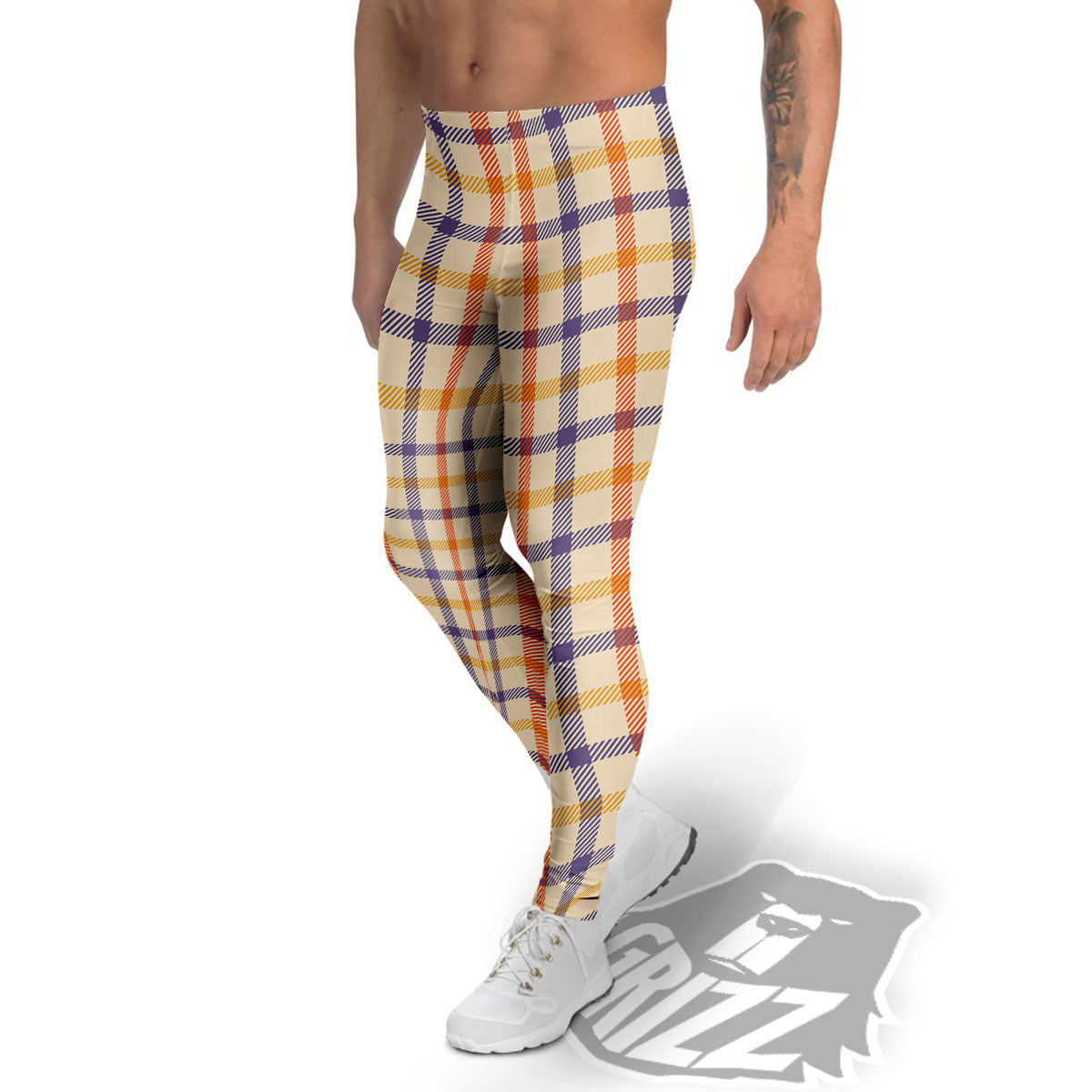 Tattersall Orange And Purple Print Pattern Men's Leggings-grizzshop