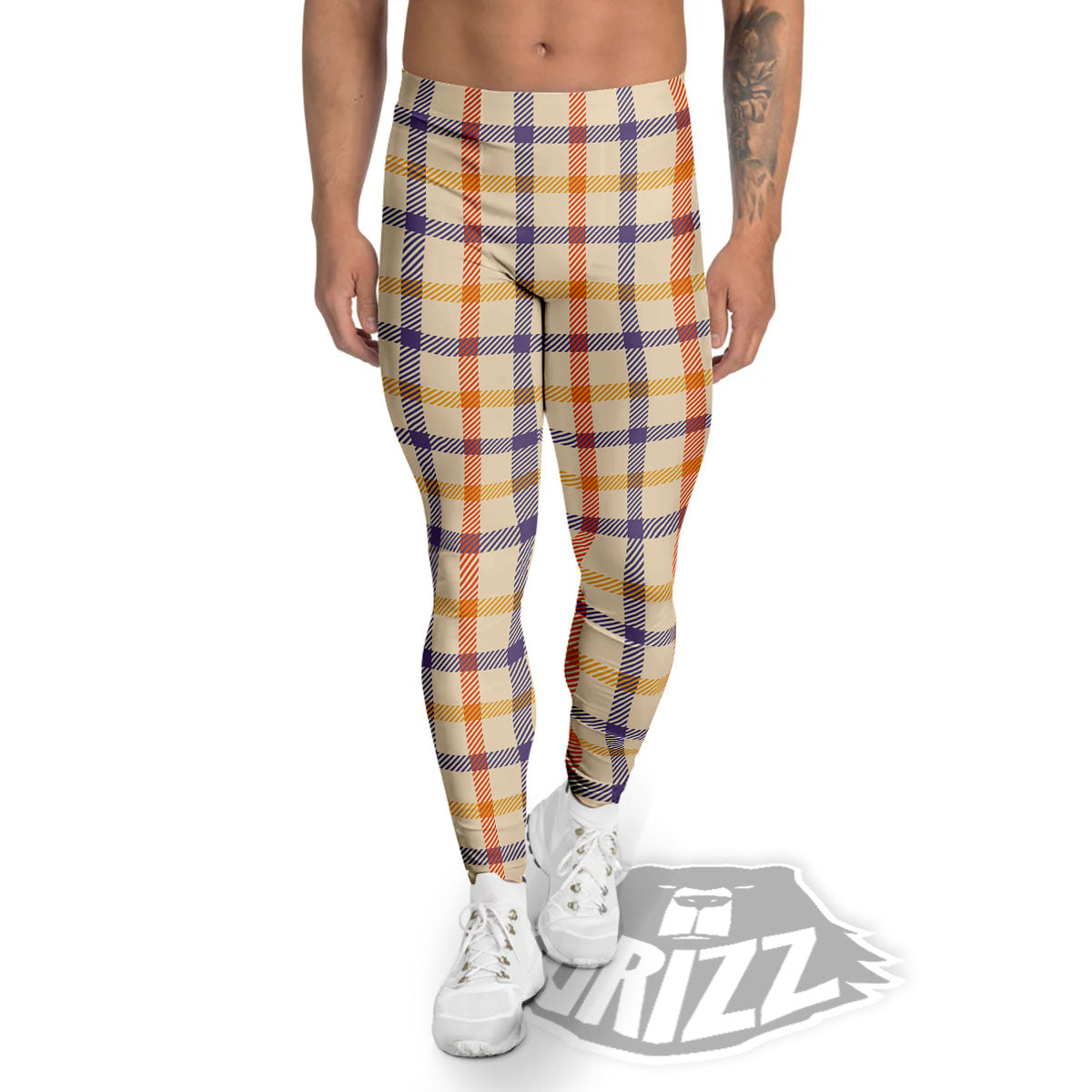 Tattersall Orange And Purple Print Pattern Men's Leggings-grizzshop