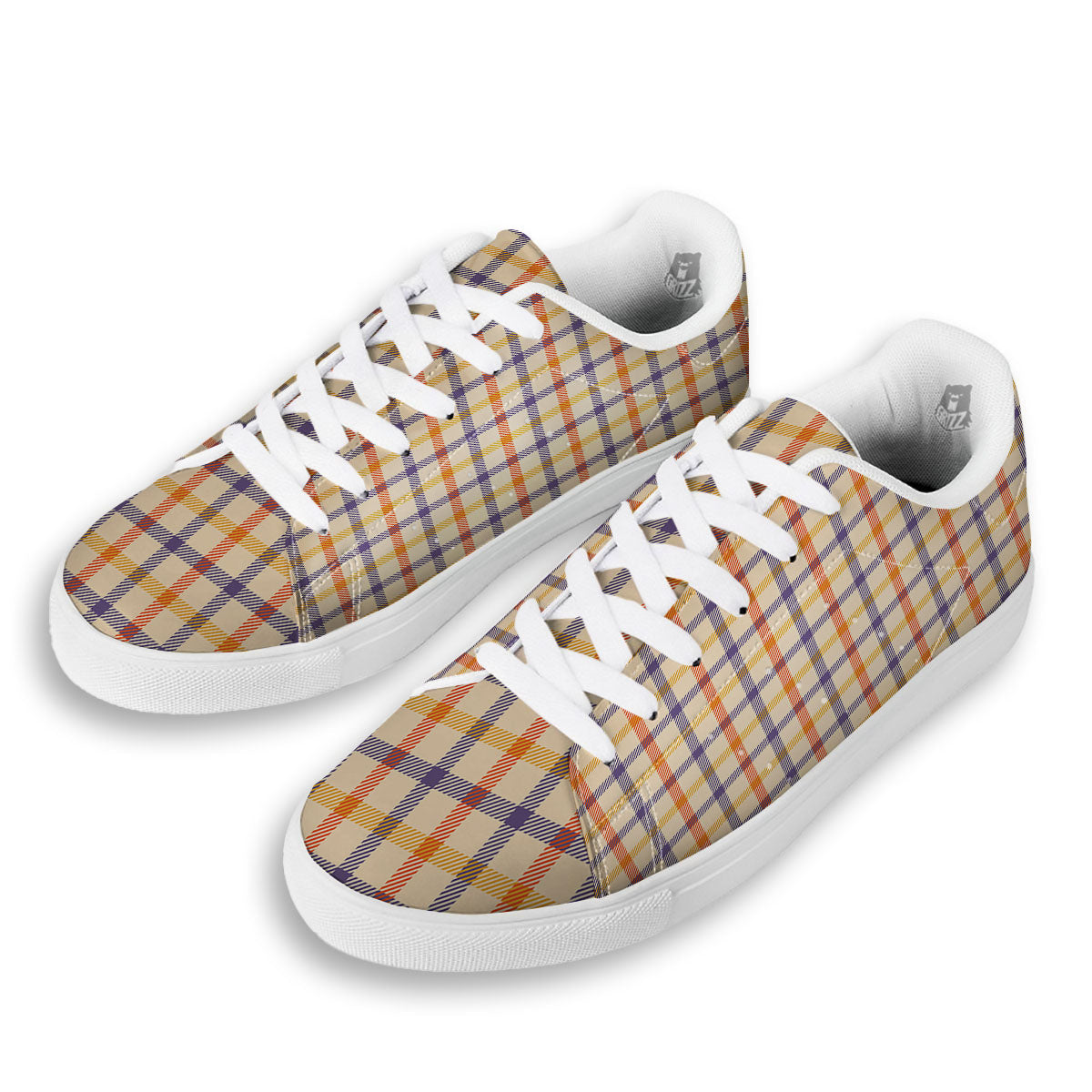 Tattersall Orange And Purple Print Pattern White Low Top Sneakers-grizzshop