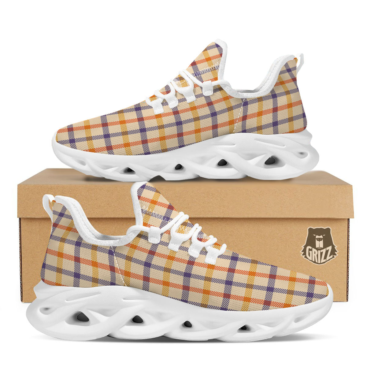 Tattersall Orange And Purple Print Pattern White Running Shoes-grizzshop