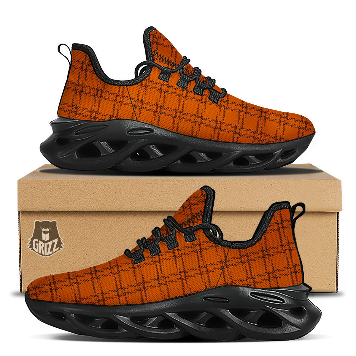 Tattersall Orange Print Pattern Black Running Shoes-grizzshop